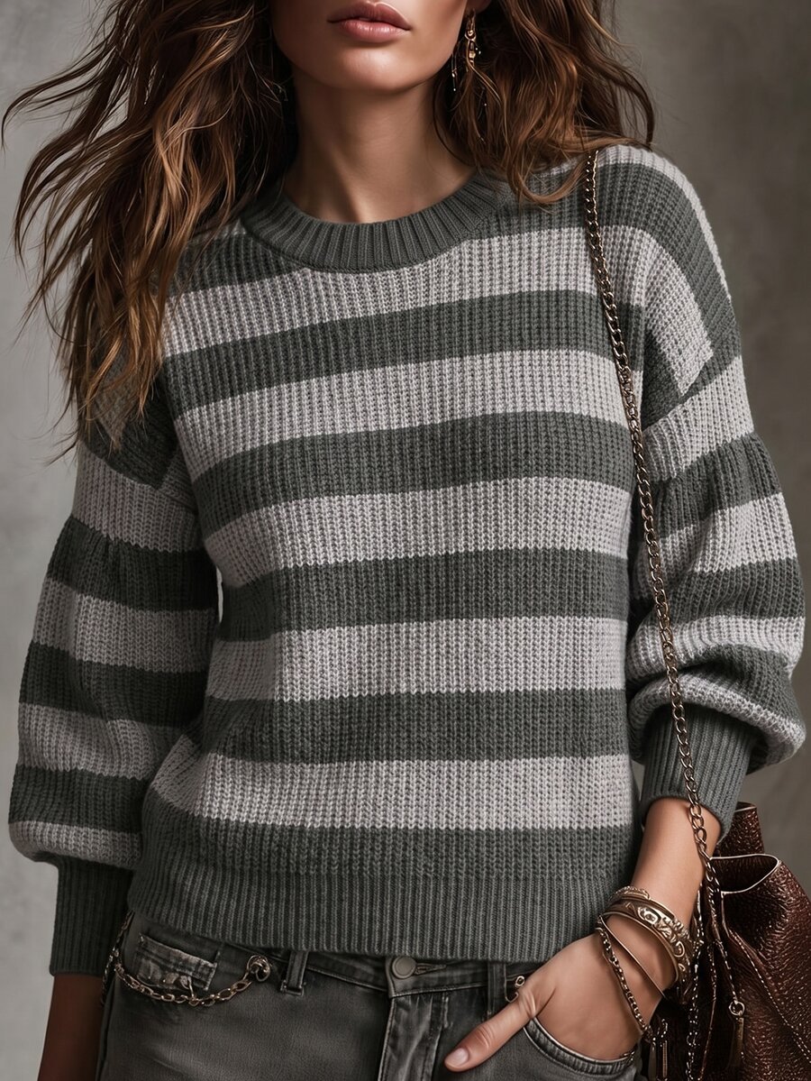 Franclia Sweater Pullover Kasual Lengan Panjang Bergaris dengan Model Bahu Longgar untuk Wanita - MultiWarna - View 1