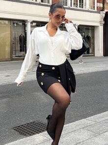 NegzBox 女款黑金配色不對稱下擺裹裙，性感百搭，適合裙裝造型、Cosplay之夜、派對外出、約會之夜、辦公室，秋季穿搭 - 黑色 - 查看 5