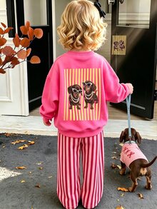 SHEIN Playful Pals Baby Girls 2 Pcs Fall Outfits Cartoon Dog Print Crew Neck Sweatshirt & Striped Pants Cute Casual Infant - Multicolor - View 3