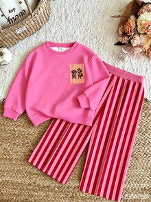 SHEIN Playful Pals Baby Girls 2 Pcs Fall Outfits Cartoon Dog Print Crew Neck Sweatshirt & Striped Pants Cute Casual Infant - Multicolor - View 2