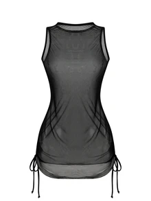 SHEIN Swim Summer Beach Mesh Drawstring Side Cover Up - Black - View 2