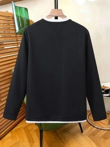 SHEIN 青少年男孩 2 合 1 長袖 T 恤 華夫格紋小 V 領 寬鬆休閒 日常百搭 運動戶外底層上衣 春秋款 - 黑色 - 查看 2