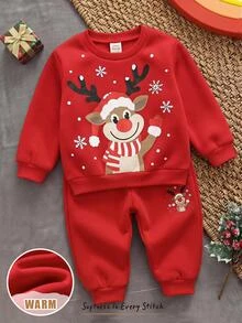 Cozy Pixies 2pcs Kids Baby Boy Casual Daily Comfortable Printed Pattern Crew Neck Pullover Long Sleeve Sweatshirt And Sweatpants Knit 2-Piece Set - Red - View 11