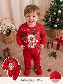 Cozy Pixies 2pcs Kids Baby Boy Casual Daily Comfortable Printed Pattern Crew Neck Pullover Long Sleeve Sweatshirt And Sweatpants Knit 2-Piece Set - Red - View 9