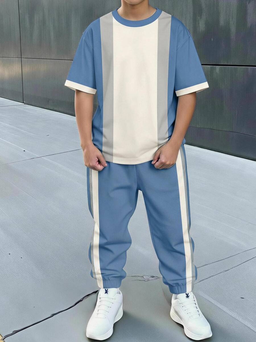 青少年男孩休閒極簡短袖圓領T恤與長褲套裝,適合夏季 - 彩色 - 查看 1