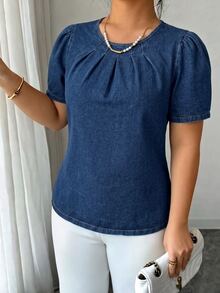 SHEIN Plus Size Women Fashion Casual Versatile Washed Denim Top - Dark Wash - View 1