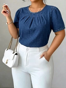 SHEIN Plus Size Women Fashion Casual Versatile Washed Denim Top - Dark Wash - View 3