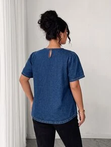 SHEIN Plus Size Women Fashion Casual Versatile Washed Denim Top - Dark Wash - View 2