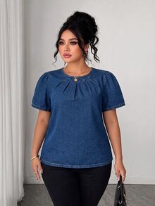 SHEIN Plus Size Women Fashion Casual Versatile Washed Denim Top - Dark Wash - View 5