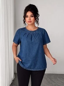 SHEIN Plus Size Women Fashion Casual Versatile Washed Denim Top - Dark Wash - View 6