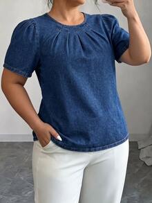 SHEIN Plus Size Women Fashion Casual Versatile Washed Denim Top - Dark Wash - View 4