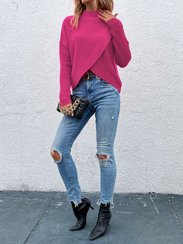 SHEIN Autumn/Winter Casual Solid Color Stand Collar Wrap Sweater - Hot Pink - View 5
