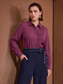 MOTF PREMIUM PLUS SIZE PURPLE STRIPED ELEGANT COMMUTER WOMEN'S BLOUSE - Purple - View 7
