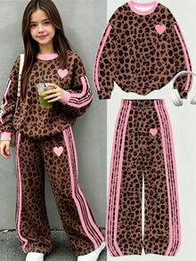 Tween Girls Leopard Heart Print Sweatshirt & Stripe Wide Leg Pants Set, Pink Cozy Casual Outfit, Fall Winter (2 Pcs) - Multicolor - View 1