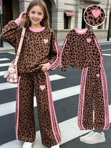 Tween Girls Leopard Heart Print Sweatshirt & Stripe Wide Leg Pants Set, Pink Cozy Casual Outfit, Fall Winter (2 Pcs) - Multicolor - View 3