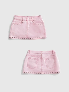 ROMWE Y2K Vintage Hot Girl Fish Eye Decor Mini Pink Low Waist Women's Denim Skirt - Pink - View 1