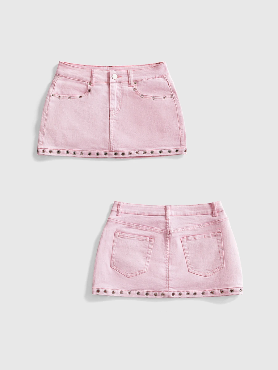 ROMWE Y2K Vintage Hot Girl Fish Eye Decor Mini Pink Low Waist Women's Denim Skirt - Pink - View 1