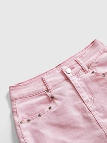 ROMWE Y2K Vintage Hot Girl Fish Eye Decor Mini Pink Low Waist Women's Denim Skirt - Pink - View 6