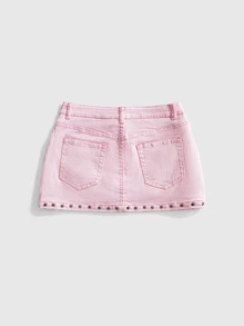 ROMWE Y2K Vintage Hot Girl Fish Eye Decor Mini Pink Low Waist Women's Denim Skirt - Pink - View 3