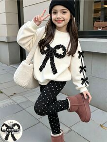 Setelan Musim Gugur 2 Potong untuk Anak Perempuan Remaja: Sweatshirt Lengan Panjang Motif Pita & Legging Polkadot, Gaya Kasual Manis - MultiWarna - View 3