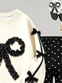 Setelan Musim Gugur 2 Potong untuk Anak Perempuan Remaja: Sweatshirt Lengan Panjang Motif Pita & Legging Polkadot, Gaya Kasual Manis - MultiWarna - View 6