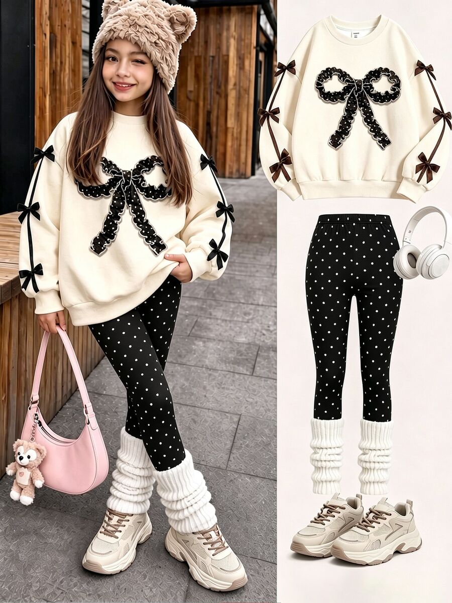 Setelan Musim Gugur 2 Potong untuk Anak Perempuan Remaja: Sweatshirt Lengan Panjang Motif Pita & Legging Polkadot, Gaya Kasual Manis - MultiWarna - View 1