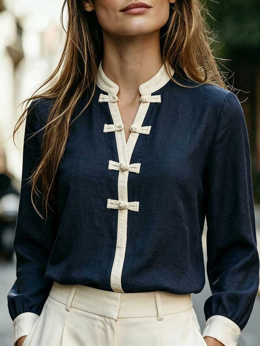 EMERY ROSE New Chinese Style Color-Block Frog Button Stand Collar Blouse For Women, Patchwork Contrast Color Rolled Sleeve Elegant Commuter Long Sleeve Top - Multicolor - View 1