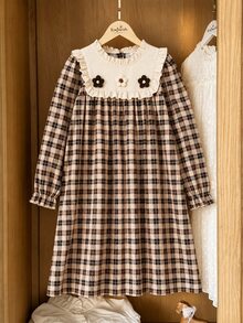 Gaun Katun Kotak-kotak Musim Gugur untuk Anak Perempuan Remaja, Motif Blok Warna, Kerah Berkerut, Dekorasi Bunga, Cetak Digital - MultiWarna - View 4