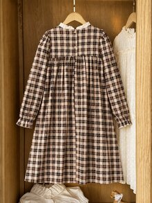 Gaun Katun Kotak-kotak Musim Gugur untuk Anak Perempuan Remaja, Motif Blok Warna, Kerah Berkerut, Dekorasi Bunga, Cetak Digital - MultiWarna - View 2