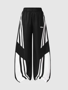 SHEIN Celana Panjang Crop Kaki Lebar dengan Pita Samping Motif Garis untuk Anak Perempuan Tween, Gaya Kasual Longgar, Musim Gugur - Hitam - View 2