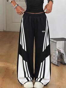 SHEIN Celana Panjang Crop Kaki Lebar dengan Pita Samping Motif Garis untuk Anak Perempuan Tween, Gaya Kasual Longgar, Musim Gugur - Hitam - View 1