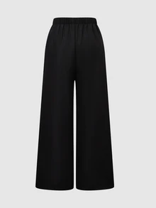 SHEIN Celana Panjang Crop Kaki Lebar dengan Pita Samping Motif Garis untuk Anak Perempuan Tween, Gaya Kasual Longgar, Musim Gugur - Hitam - View 3