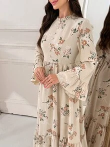 Al Najma Gaun Arab Elegan Lengan Lonceng Motif Bunga untuk Wanita - MultiWarna - View 2