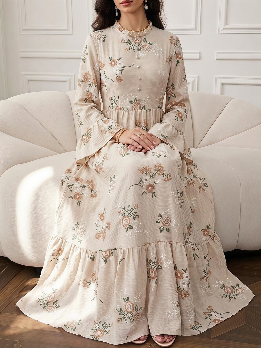 Al Najma Gaun Arab Elegan Lengan Lonceng Motif Bunga untuk Wanita - MultiWarna - View 1