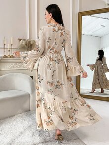 Al Najma Gaun Arab Elegan Lengan Lonceng Motif Bunga untuk Wanita - MultiWarna - View 3