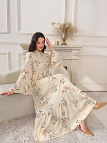 Al Najma Gaun Arab Elegan Lengan Lonceng Motif Bunga untuk Wanita - MultiWarna - View 4