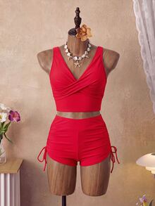 Swim Basics Summer Women Solid Color Minimalist Bikini Top And Bottom Casual 2 Pieces Set - Red - View 4