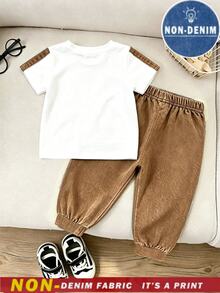 SHEIN Playful Pals 休閒舒適時尚帥氣簡約 Logo 圖案印花短袖上衣與簡約印花休閒運動長褲校園穿搭 - 彩色 - 查看 4