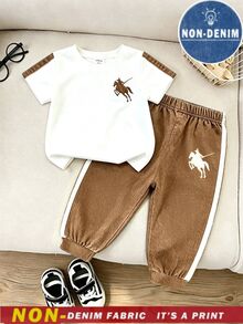 SHEIN Playful Pals 休閒舒適時尚帥氣簡約 Logo 圖案印花短袖上衣與簡約印花休閒運動長褲校園穿搭 - 彩色 - 查看 2
