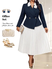 Fleurora Plus Size Women 2 Pieces Set Dual-Color Blazer With Button Decor And White Pleated Skirt, Suitable For Dates, Vacations, Parties, Daily Outings, Gatherings, Outdoor Activities - White - View 7