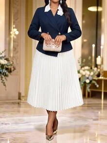 Fleurora Plus Size Women 2 Pieces Set Dual-Color Blazer With Button Decor And White Pleated Skirt, Suitable For Dates, Vacations, Parties, Daily Outings, Gatherings, Outdoor Activities - White - View 5