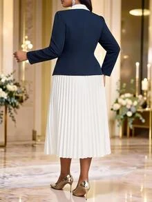 Fleurora Plus Size Women 2 Pieces Set Dual-Color Blazer With Button Decor And White Pleated Skirt, Suitable For Dates, Vacations, Parties, Daily Outings, Gatherings, Outdoor Activities - White - View 2