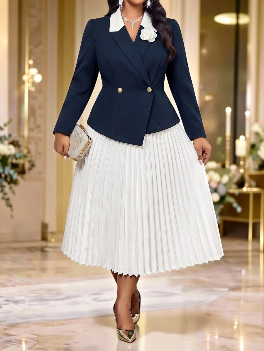 Fleurora Plus Size Women 2 Pieces Set Dual-Color Blazer With Button Decor And White Pleated Skirt, Suitable For Dates, Vacations, Parties, Daily Outings, Gatherings, Outdoor Activities - White - View 1