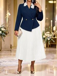 Fleurora Plus Size Women 2 Pieces Set Dual-Color Blazer With Button Decor And White Pleated Skirt, Suitable For Dates, Vacations, Parties, Daily Outings, Gatherings, Outdoor Activities - White - View 6