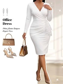 Fleurora Plus Size Women's Overlap V-Neck Long Sleeve Contrast Mesh Fitted Elegant Dress Fall - White - View 5