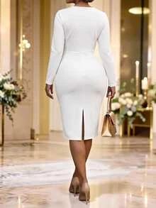 Fleurora Plus Size Women's Overlap V-Neck Long Sleeve Contrast Mesh Fitted Elegant Dress Fall - White - View 2