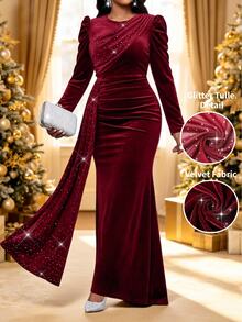 Fleurora Elegant sammetsklänning för kvinnor i plus size med strassdekor, rund hals, lång ärm, banddesign och plissering - Bourgogne - Visa 1