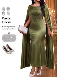 Fleurora Plus Size Elegant Tassel Fishtail Hem Evening Dress - Army Green - View 7