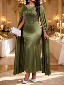 Fleurora Plus Size Elegant Tassel Fishtail Hem Evening Dress - Army Green - View 6