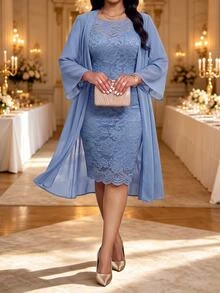 Fleurora Plus Size Elegant Lace Dress And Tulle Cardigan 2 Pieces Set - Blue - View 6